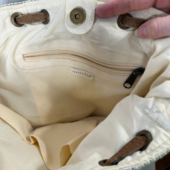 Lovestitch Tan Multicolor Striped Canvas Boho Bag Drawstring Snap Closure - Picture 12 of 16